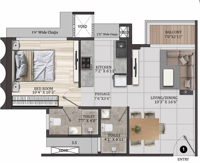 1 BHK Floor Plan